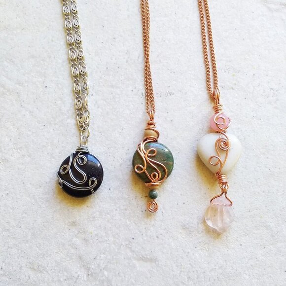 Unique! Handmade Stacked Green Jasper Pendant - Copper Wire Wrap Design + Chain - Picture 9 of 9